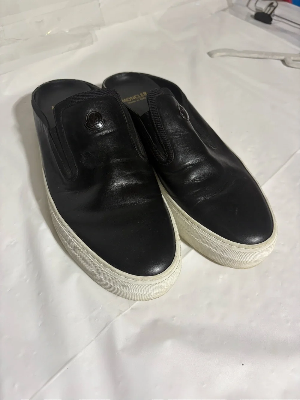 Moncler Black Leather Slip-On Loafers with White Sole